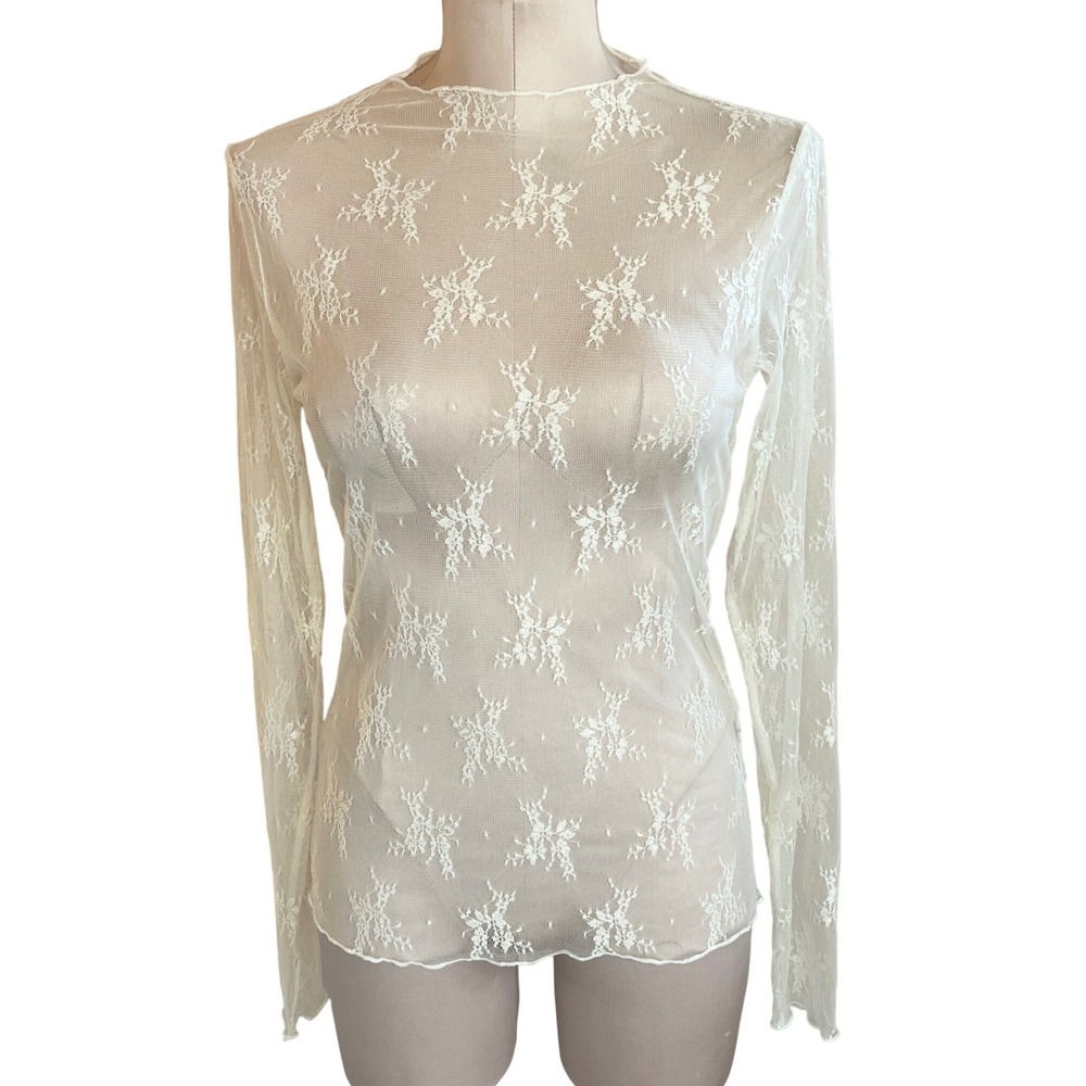 Women Cream Sheer Floral Lace Lux Layering Mock Neck Long Sleeve Top Size M